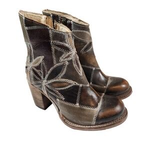 Freebird Flower Ankle Boot Leather Made In Mexico Stitch Detail Block Heel